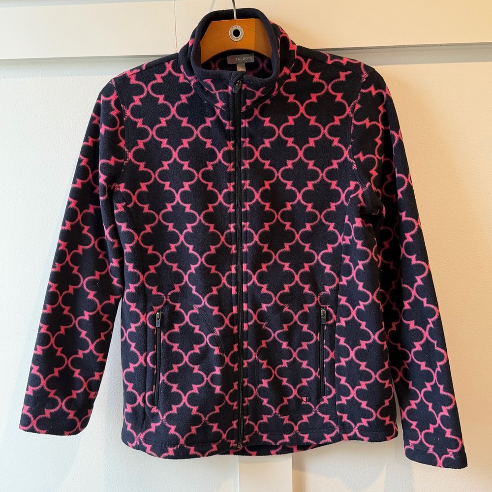 Talbots T Women's Jacket Full Zip Fleece Blue Pink Trellis Geometric‎ Print SP